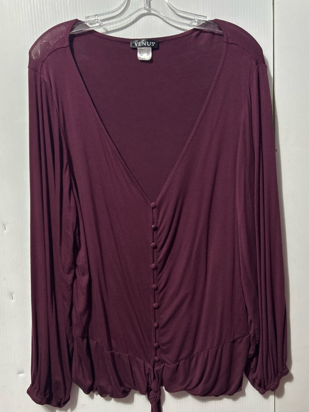 VENUS Plum Button-Front V-Neck Long Sleeve Top